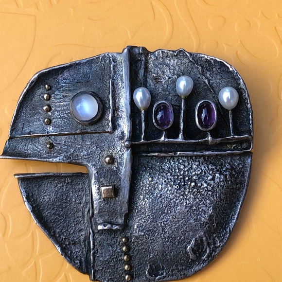 Stittgen brutalist sterling silver and gemstone brooch - Picture 4 of 6